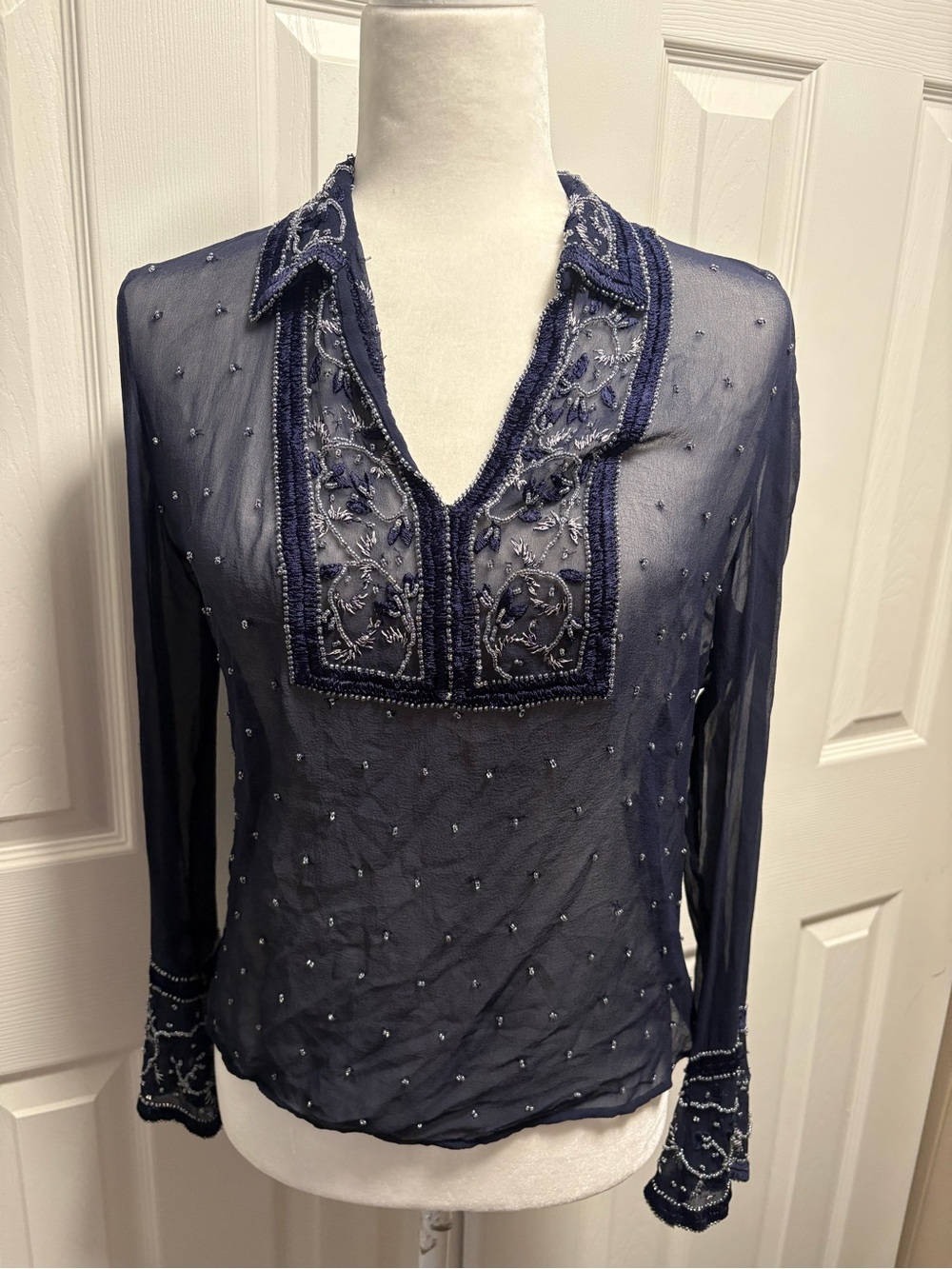 Embellished Sheer Navy Beaded Long-Sleeve Blouse